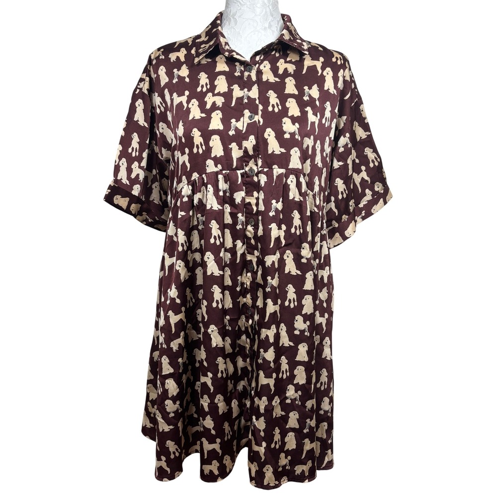 Entro Brown Poodle Print Button Down Empire Waist Babydoll Mini Dress Womens S